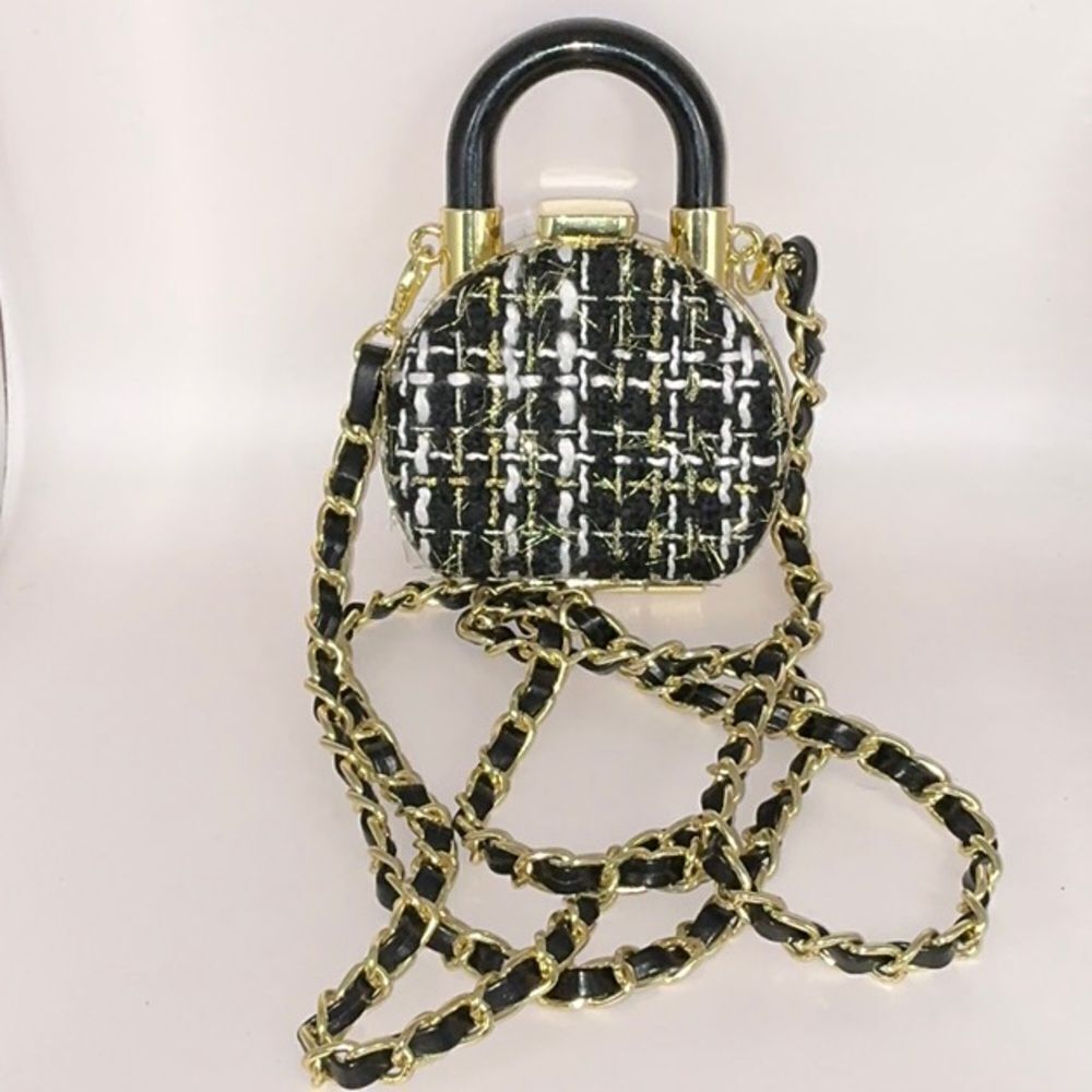 Elegant Black and Gold Tweed Handbag